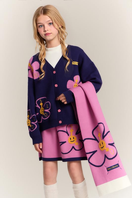 Pink Knit Scarf with Smiley Flowers - Soft Chunky Flower Scarf for Women & Girls,Lightweight One Size Fits Most2