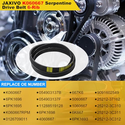 Image of K060667 Serpentine Belt V-Ribbed Drive Belt for 14-18 328d xDrive 2.0L,14-18 X5 xDrive 35d 3.0L,11-12 Mustang GT 5.0L,13-18 Santa Fe 3.3L,03-08 Tiburon 2.7L Replace 6PK1696