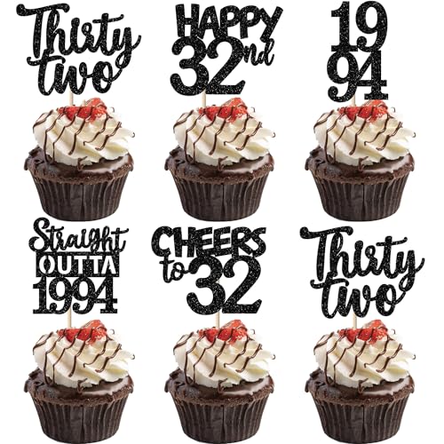 30PCS Black 32nd Birthday Cupcake Toppers Glitter Thirty Two Happy 32nd Straight Outta 1994 Cupcake Picks for Cheers to 32 Years Birthday Wedding Anniversary Party Cake Decorations Supplies
