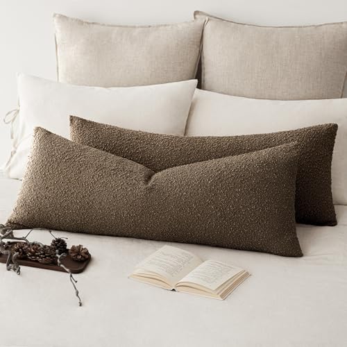 Image of Foindtower Decorative Textured Boucle Throw Pillow Covers Accent Solid Pillow Cases Neutral Long Body Lumbar Couch Cushion Case for Chair Sofa Bedroom Living Room Home Decor 14x36 Inch,1PC,Chocolate