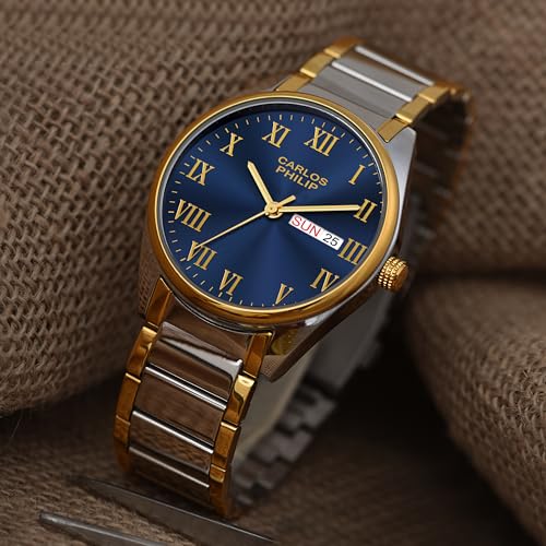 Image of Carlos Philip Men's Roman Numeral Analog Watch - Day and Date Display, Stainless Steel Strap, Quartz Movement, Business Style Watch for Men