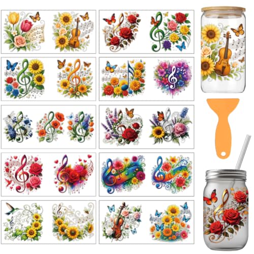 arricraft 10 Pcs Plant Musical Note Theme PVC Cup Transfer Stickers, Flower Violin Musical Note Pattern UV Waterproof Cup Sticker for 16 oz Glasses Window Home Printing Decoration 24x11cm