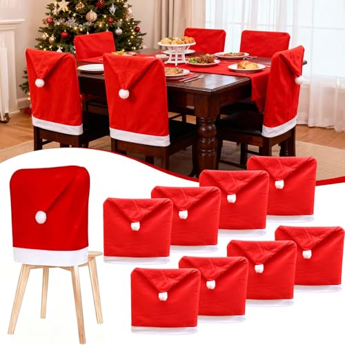 Saserner Christmas Chair Covers, Set of 8 Christmas Seat Covers 50cm x 60cm, Red Santa Dining Chair Slipcovers, for Xmas Festival Holiday Party Home Decoration (8)
