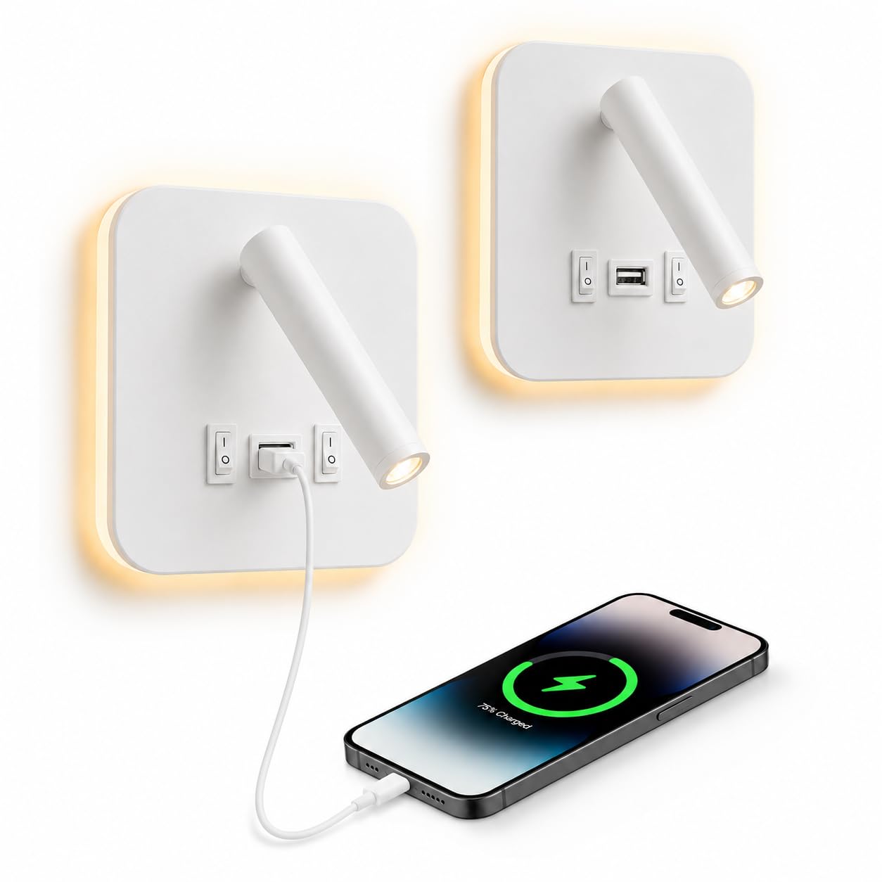 2Pcs Lámpara de Pared LED, Aplique de LED Luz de Lectura con Interruptor y puerto de carga USB,Luz de Lectura Junto a la Cama, Aplique de Pared Cabecera Ajustable Para Dormitorio Escaleras Salas