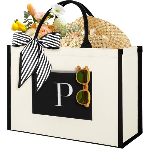 IDEATECH Canvas Tote Bag for Women, Personalized Birthday Gifts for Women, Monogram Beach Tote Bag Great for Wedding, Holiday
