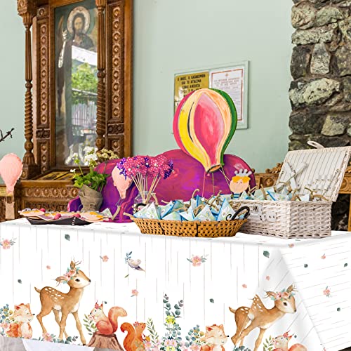 Image of 3 Pieces Woodland Tablecloths Baby Shower Decorations for Girl Floral Woodland Creatures Plastic Table Covers Forest Wild Creatures Animal Friends Table Decoration for Birthday Party Supplies