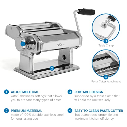 Foto von Joejis Nudelmaschine manuell aus Edelstahl Manueller Pastamaker mit 9 Stärken Wunderbare Nudelpresse, Teigausrollmaschine für Fettuccine Spaghetti Ravioli & mehr