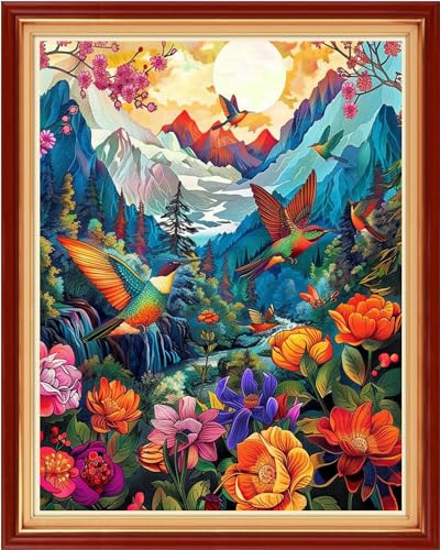 Image of Dimensean Stamped Cross Stitch Kits Full Range of Embroidery Patterns Starter Kits for Beginners Adult DIY Cross Stitches Needlepoint Kits 11CT-Forest Hummingbird 16x20 inch