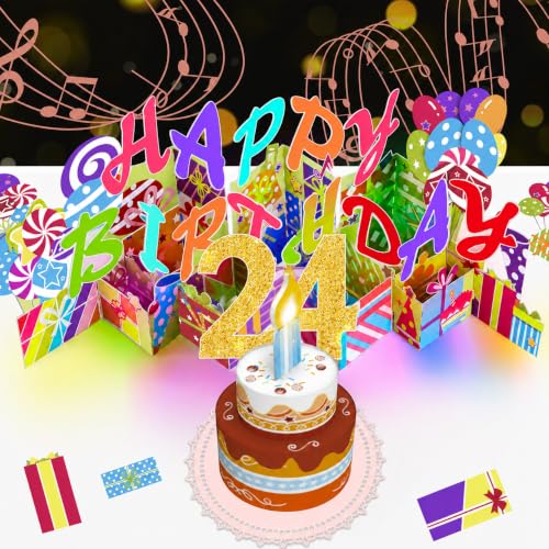 Image of 24th Pop-Up Musical Birthday Card, Blowable LED Candle for Women and Men