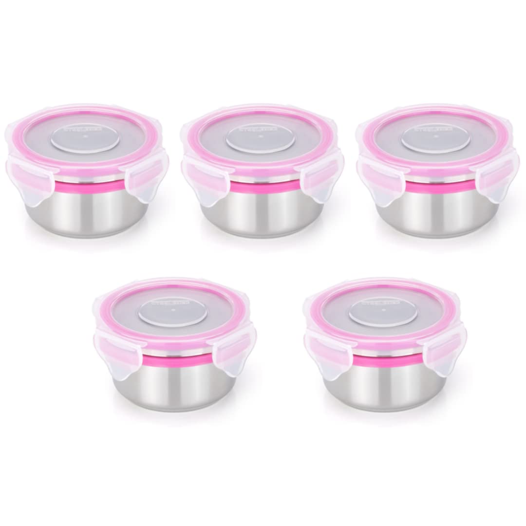 STEELLOCK Stainless Steel Container/Dabba with 4 Side Clip Lock see through Lid for Office & School Use/Food Grade/Air Tight/Easy to Carry/Leak Proof (SL-1301-3pcs X 450 ml, Pink) (B0CLJVW6BW) Amazon Price History, Amazon Price Tracker