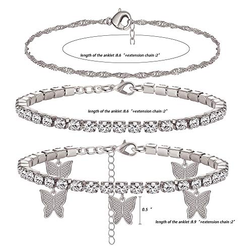 Yfstyle Butterfly Ankle Bracelet For Women Rhinestone Anklets Bulk Adjustable Layered Beach Ankle Bracelet Braided Chain Anklet Charm Ankle Bracelet Jewerly Gift-Silver #TOP6