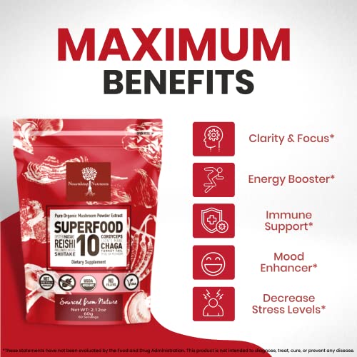 Organic Mushroom Powder Extract -Superfood 10 Supplement 14x Stronger 100% Pure USDA Immunity Booster- Reishi, Chaga, Cordyceps, Shiitake, Lions Mane, Turkey Tail and More. Add to Coffee/Tea 60 Grams - Image 3