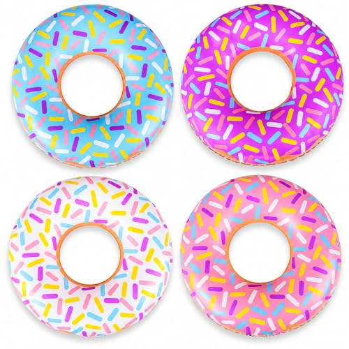 4-Count Donut Inflate 18' Inches, Tube Inflates, Colorful Inflatable Donut Tubes in Assorted Designs, Donut Birthday Party Decorations Supplies, Durable Water Pool Toys Party Favors (4-Pack)