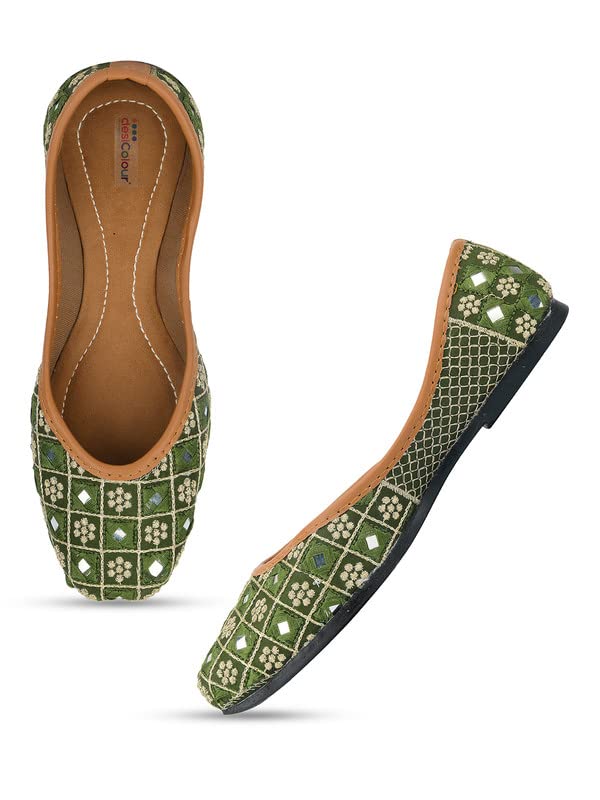 DESI COLOUR Mojari Punjabi Jutti for Women Ethnic Footwear- Mirror Emb (Green, Numeric_6) 4