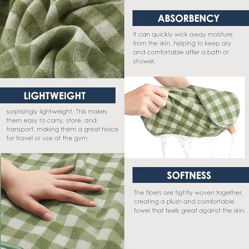 Image of Cortina Checks Printed Microfiber Towels for Bath Large Size-Super Soft Coral Fleece Bathing Towel with Hook Quick Dry Super Absorbent-Bath Towel for Men and Women-70x140 cm [Green]