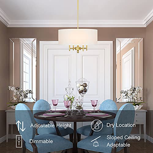 Finexpect 4-Light Chandelier Gold Modern Chandelier With White Linen Drum Shade 17.7" Drum Pendant Light Fixture For Dining Room Living Room Foyer Kitchen, Antique Brass #TOP1