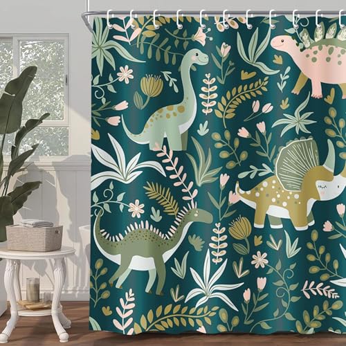 Ydbkt Funny Dinosaur Shower Curtains Kids Shower Curtain Cute Dinosaur for Boys Girls Green Plant Leaf Dino Themed Bathroom Decor with Hooks Waterproof Fabric Polyester Bathtub Decorative 72IN