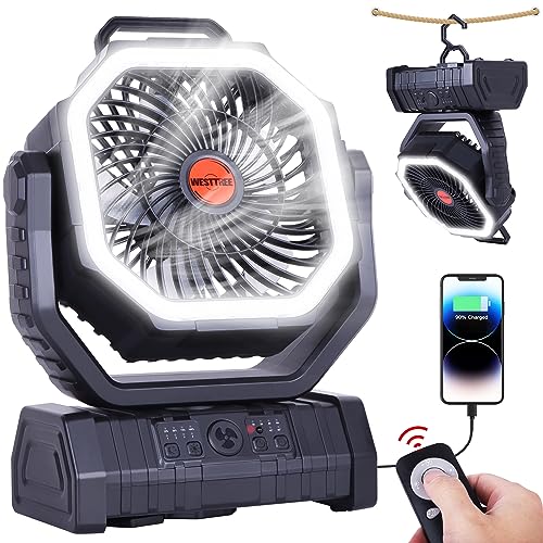 WESTTREE 20000mAH Camping Fan Auto Oscillating,Personal USB Desk Fan for Fishing,Battery Operated Fan,Outdoor Rechargeable Fan with LED Lantern,Hanging Hook,Black F6