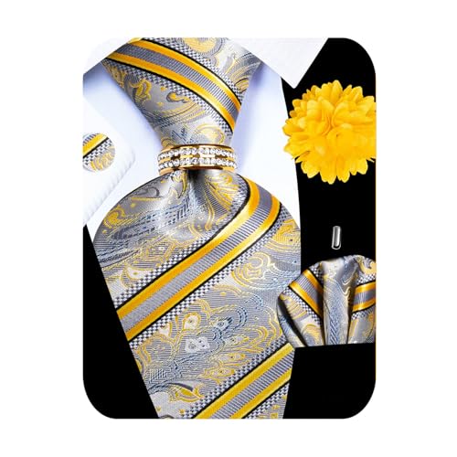 Image of 5PCS Mens Silk Designer Tie, Pocket Square, Cufflinks, Drilled Tie Ring and Lapel Pin Set for Wedding Groom Party
