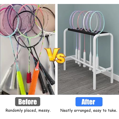 Estante de almacenamiento para raquetas de tenis, marco de acero resistente para organización y exhibición de raquetas de tenis y bádminton, soporte duradero para equipos deportivos