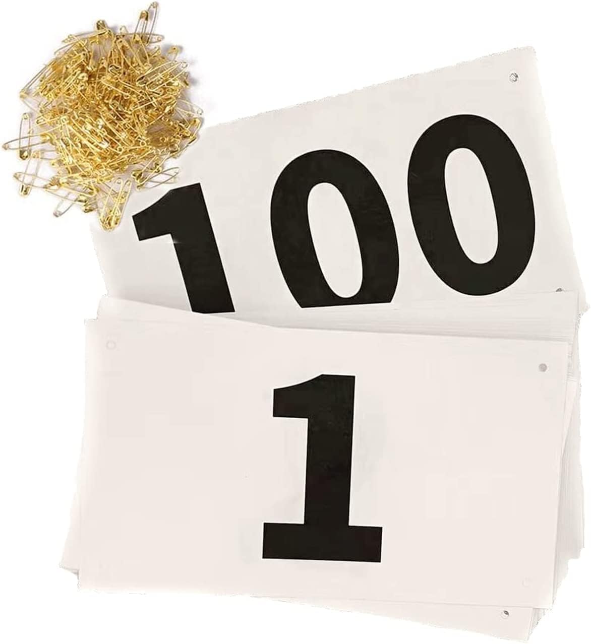 1-100 - Bavaglini da corsa, numeri grandi, con spille da balia per maratona, eventi, in Tyvek, antistrappo, impermeabili, 17,8 x 10,2 cm