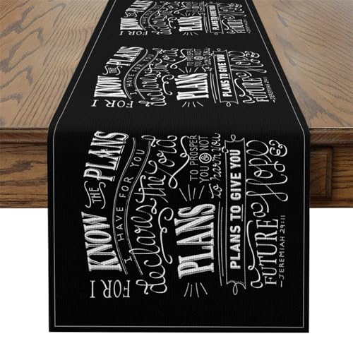 jejeloiu Vintage Bible Verse Table Runner 120x13 Inch Christian Bible Verse Jeremiah Kitchen Dining Decoration for Home Party Black Home Decor for Living Room