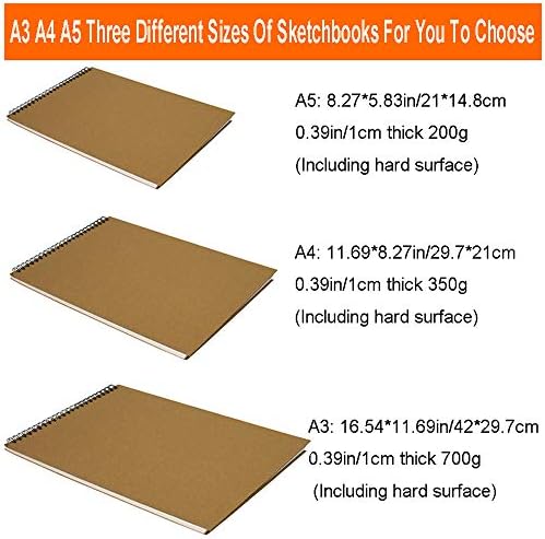 Uhat A3 A4 A5 Sketchbook Landscape Spiral Bound Notebook 60 Sides 30 Leaves 160gsm Hardback Cartridge Paper Artists Sketch Pad with 14pcs Drawing Pencils 6H to 12B (A5)