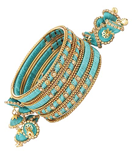 Image of NMII Metal & Silk Thread Jhumka Zircon Latkan Stylish Bangles Set For Women's and Girls | Women's Fancy Latkan Bangles Set | Ethnic Fashion Jewellery- Set of 12 Bangle, (G405 Radium-2.8(2.8))