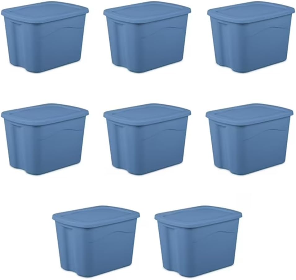 8-Piece Set of Large 18-Gallon Light Blue Storage Containers with Attached Lids