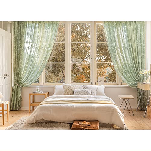 Fmfunctex Green-White Sheer Curtains For Living-Room 84" Long Blossom Print On Flax Linen Blend Window Curtain Panels 50" W X 2 Pc, Sage Rod Pocket #TOP1