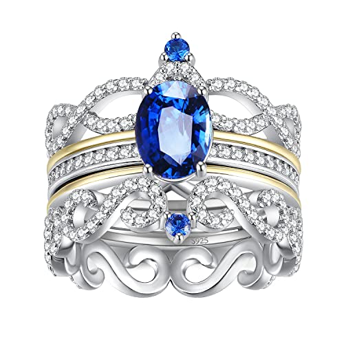JewelryPalace 1.8ct Infini Vintage Couronne Vague Bague Synthetique Saphir Bleu Pierre Argent 925 Femme, Or 14k Blanc Bague Empilable Fiançailles Mariage Promise Anneau Alliance, Ensemble Bijoux
