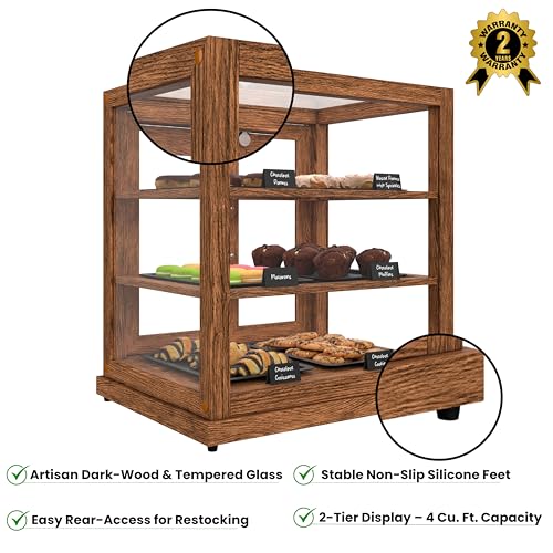 Image of KoolMore 25 in. Dark Wood Countertop Upright Dry Bakery Display Case, Pastry, Cake, and Bread Display with Tempered Glass