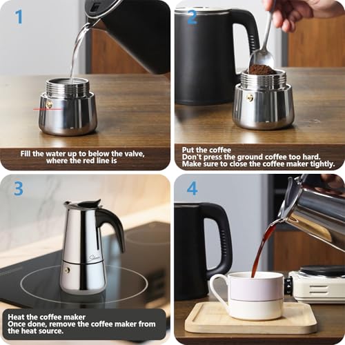 Solazzia Espresso Maker 6 Cup Moka Pot Stainless Steel Percolator coffee pot, Compatible with Gas, Electric, Ceramic, and Induction stovetops(10 fl oz/300 ml) - Thumbnail 7