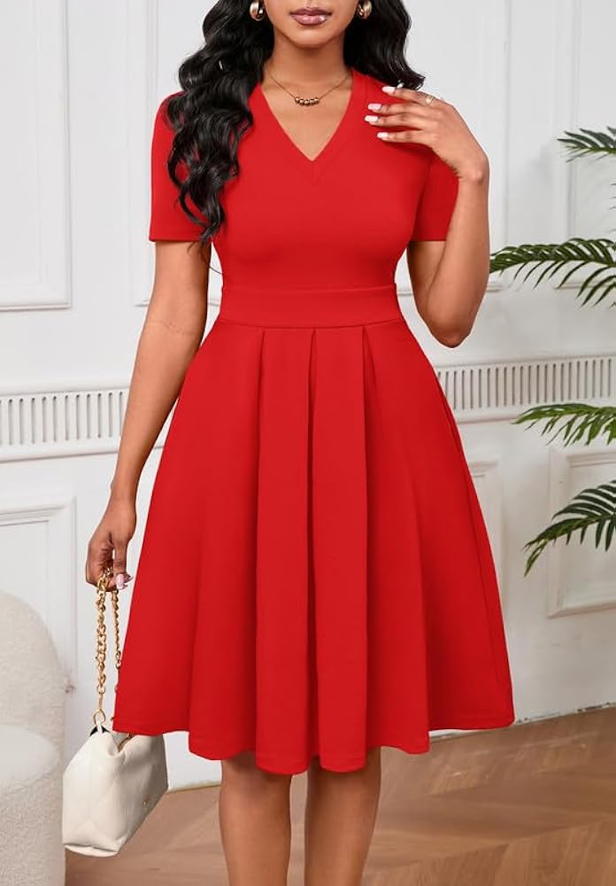MarryUP V Neck Semi Casual Fit and Flare Church Wedding Guest Work Dresses  with Pockets Summer Short Sleeve Dress for Women Red M at Amazon Women's  Clothing store