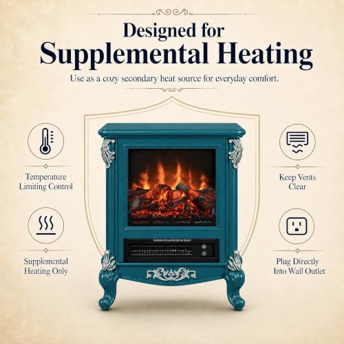 Image of FESTIVITY 18 inch Electric Stove Fireplace, 1500W Thermostat with 5100 BTU Heat Output, Adjustable Flame & Brightness Levels, Portable Electric Fireplace for Bedroom & Living Room-Teal & Silver