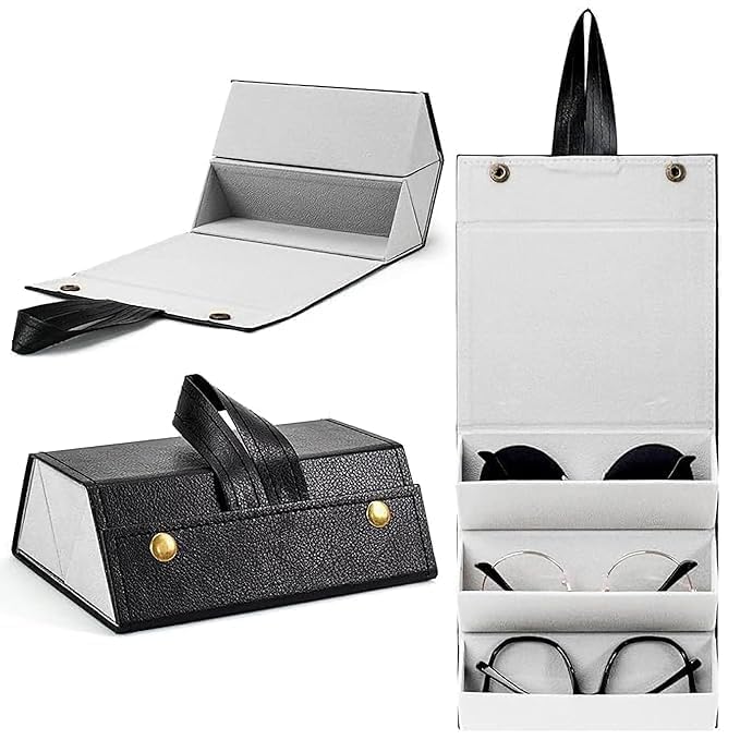 3 Slot Foldable Sunglasses Organizer Box - PU Leather Eyeglasses Case, Travel Glasses Organizer, Hanging Eyewear Holder for Spectacles & Shades, Multiple Sunglass Holder for Men and Women-image-47