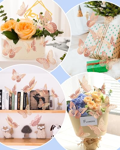 Image of 72Pcs 3D Butterfly Wall Decor, Rosegold Butterfly Decorations, 4 Styles 3 Sizes Removable Butterflies Wall Stickers Room Decor for Birthday Party Kids Bedroom Cake Nursery Room Decor