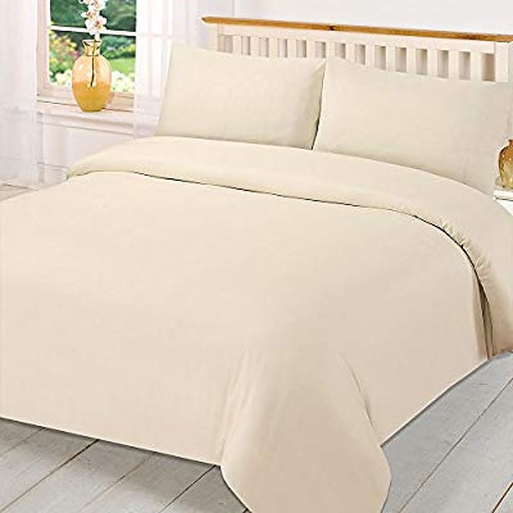 Looms & Leaves Cream 100% Percale Poly Cotton Rich Duvet Quilt Cover Bedding Set Soft Feel (, Double)