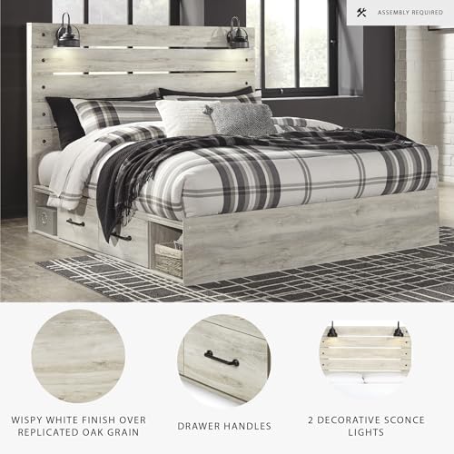 Image of Signature Design by Ashley Cambeck King Platform Bed with Storage Drawers, LED Sconce Lights and USB Ports, Engineered Wood and Decorative Laminate for Master Bedroom Organization, Whitewash, King