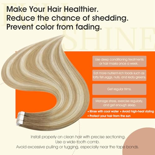 Image of Full Shine Human Hair Tape in Extensions Double Sided Tape in Hair Extensions Color 6 /27 /60 Brown And Blonde Invisible Remy Skin Weft 22Inch Long Silky Straight for Women 100Gram 40Pcs