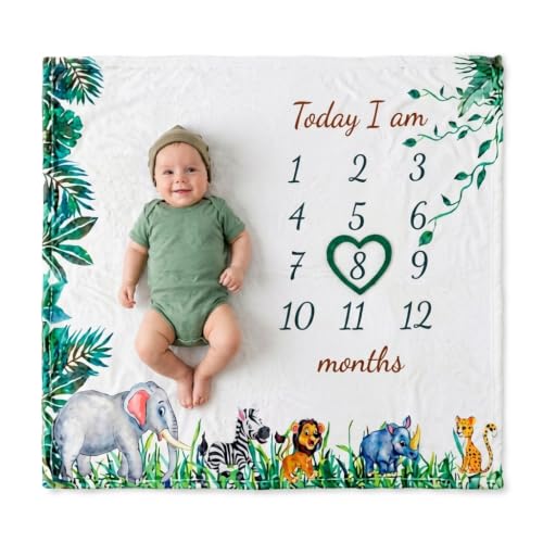 Image of vmaisi Baby Milestone Blanket for Boy - Newborn Monthly Photo Prop Gift | Cute Green Animal Print - Spacious 100x80cm for Swaddling