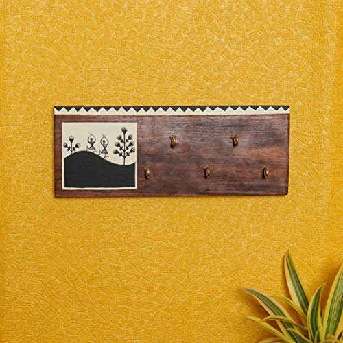 Image of Artysta 'Celebration of Life' Wooden Key Holder | Wall Mounted Key Chain Holder | Key Organizer | Handmade Painted Key Hanger | Home Decor Gifts | 5 Key Hooks| (Black & White)