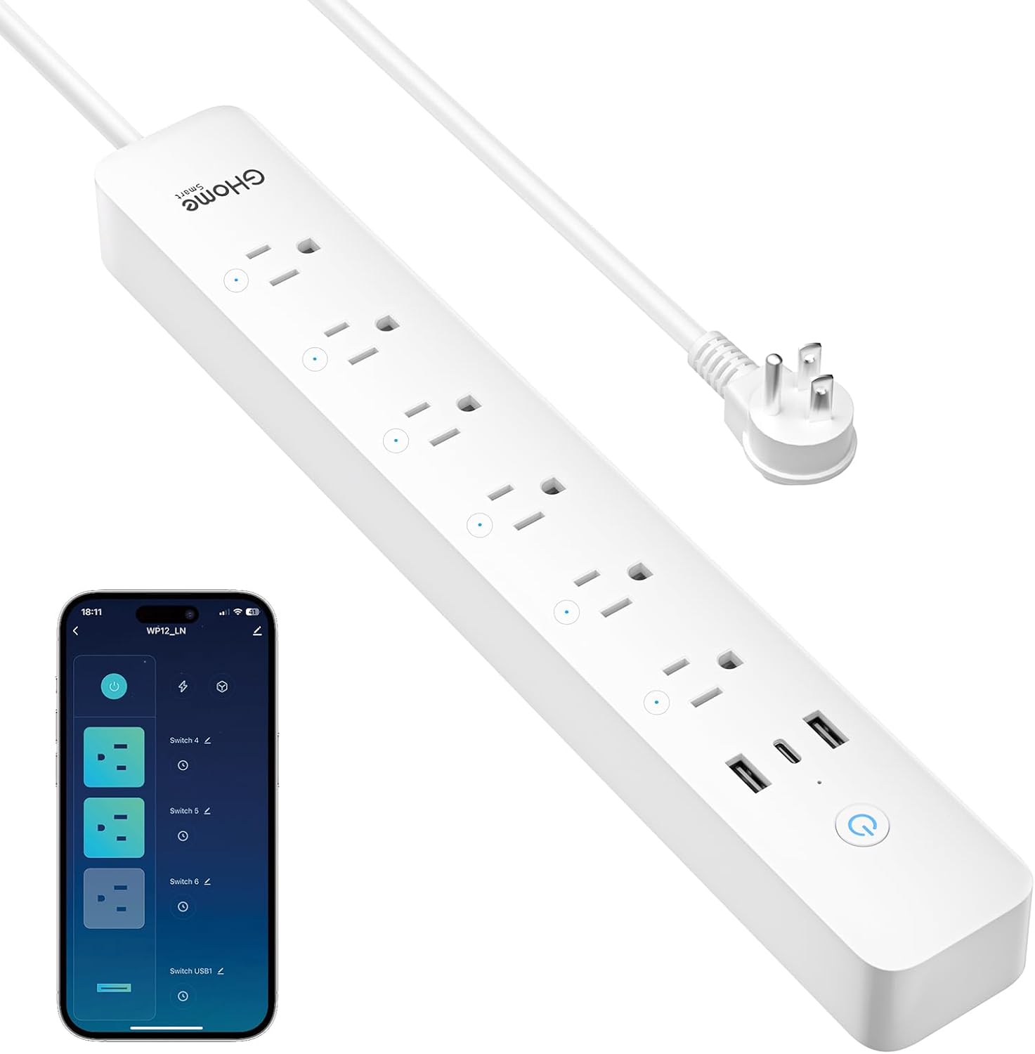 Product image of GHome Smart Plug Power Strip, WiFi Surge Protector with 6 Individually Controlled Smart Outlets, 3 USB Ports (2 USB-A and 1 USB-C), Works with Alexa & Google Home, Flat Plug for Home Office, 2.4Ghz