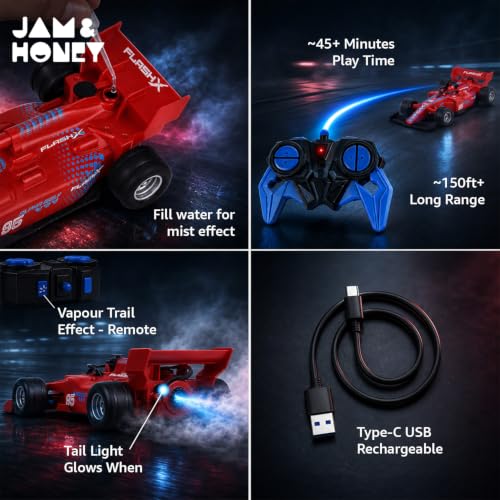 Image of Amazon Brand - Jam & Honey Formula F1 RC Racing Car for Kids | 2.4GHz Remote (100+ ft Range) | Mist Smoke Effect | LED Lights | Type-C Rechargeable | Multi-Direction Control | Red|4+ Years