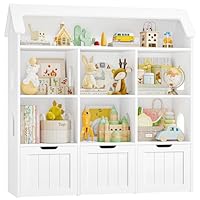 FOREHILL Kids Toy Storage Unit Kids Bookshelf House-shaped Toy Organiser Childrens Bookcase, 7 Open Compartments, 3 Drawers with Wheels for Nursery Playroom 120x33x117.5cm