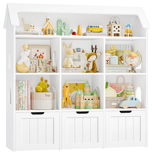 FOREHILL Meuble Rangement Enfant Bibliothèque Enfant avec 7 Étagères 3 Tiroirs Roulants Meuble...