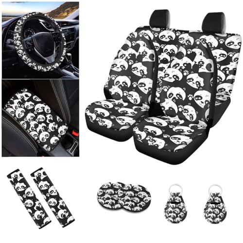 Baxinh 12 Piece Panda Printed Car Seat Covers Full Set Includes Car Front/Back Seat Cover with Steering Wheel Cover Car Armrest Cover Seat Belt Pads Car Coaster Keychain, Car Accessories, Black