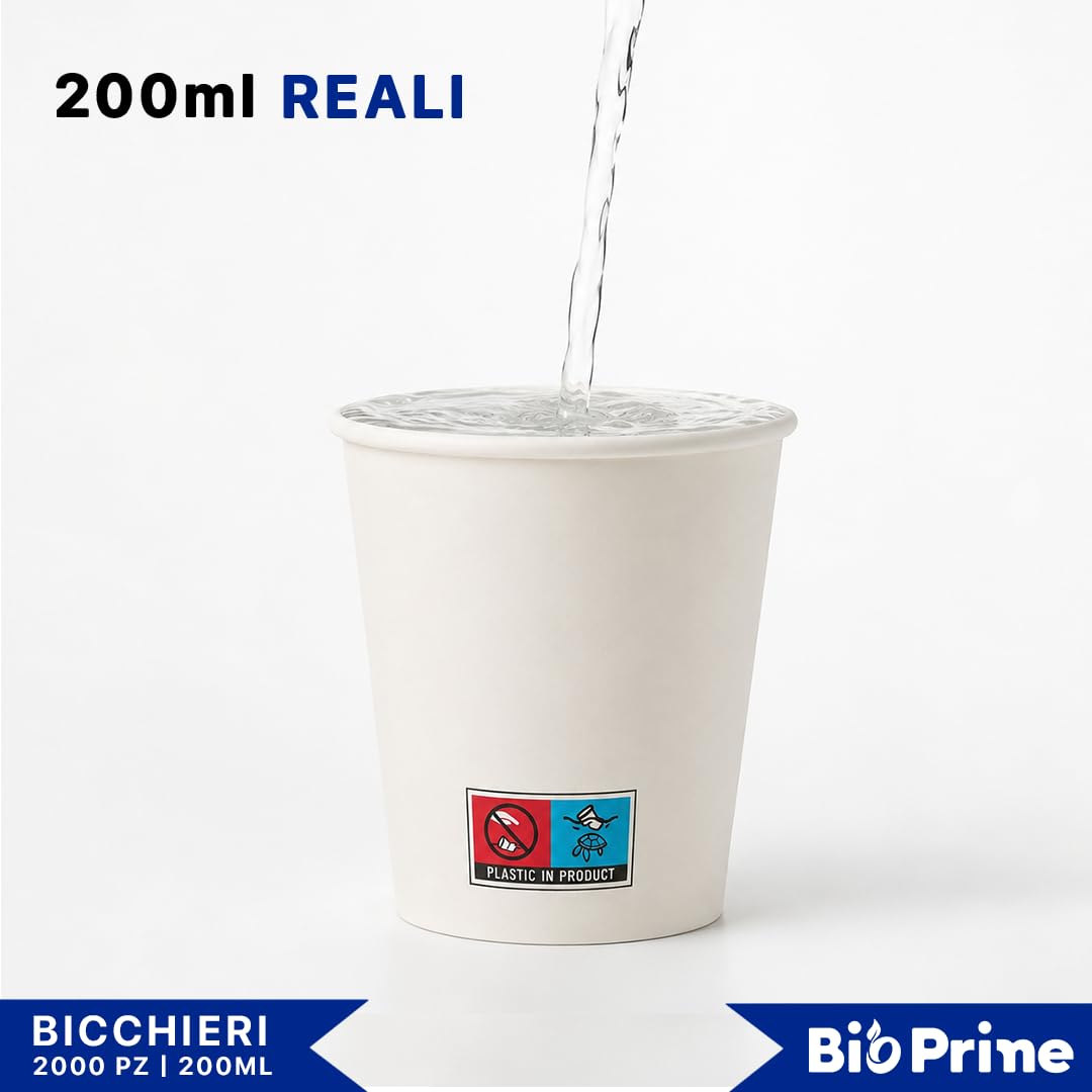 Bicchieri Acqua in Carta 200ml - Biodegradabili - Per Bevande Calde, Acqua e Bibite - Bicchieri Usa e Getta. (Bianco, Quantità 2000pz)