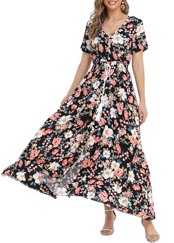 Image of VintageClothing Women's Floral Maxi Dresses Boho Button Up Split Summer Casual Long Dress Beach Party Dress