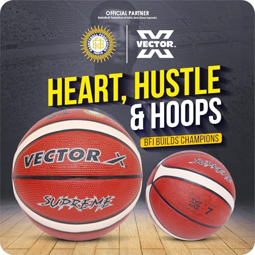 Image of Vector X Supreme 14 Pannels 28.5 inch Basketball Fedration of India Official Match Ball| Rubberised Bladder|6 No. Professional Basket Ball for Women (Size 6) Brown
